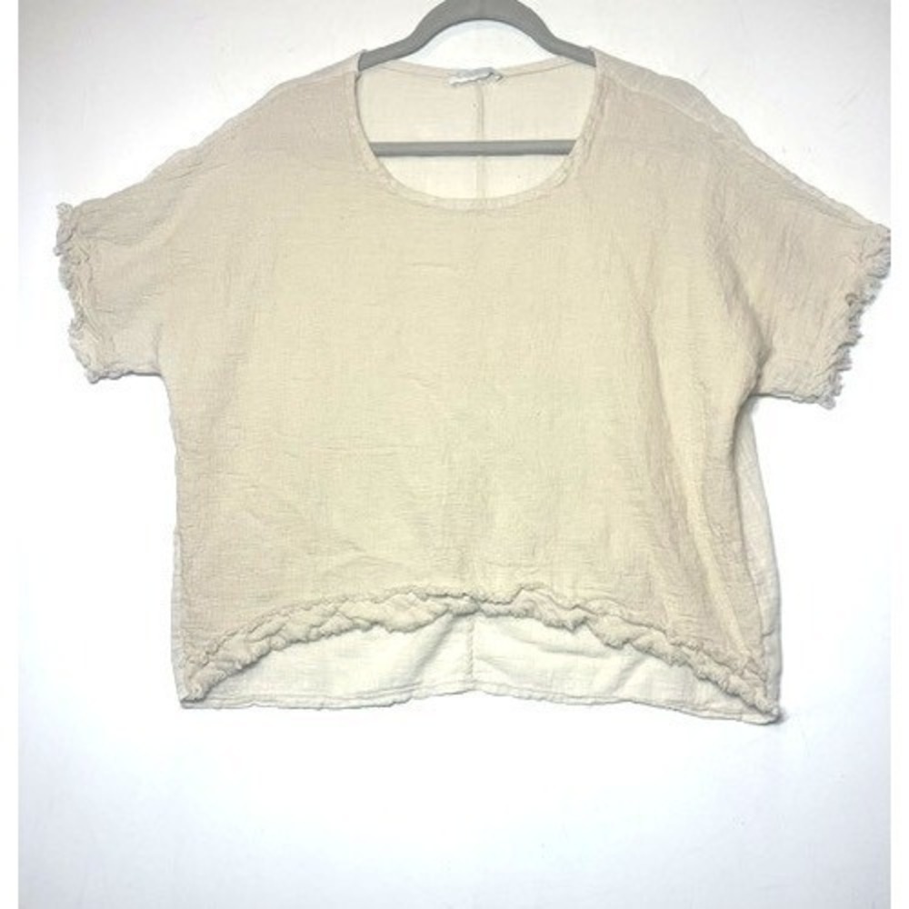 Prima Made in Italy Cotton Linen Frayed Hem Boxy Top Beige Short Sleeve
